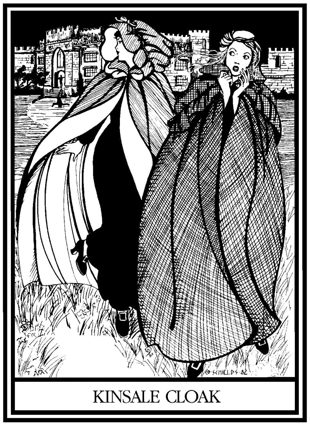 Black and white pen and ink drawing of two women running away scared from a castle wearing 207 Kinsale Cloak.
