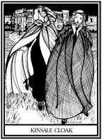 Black and white pen and ink drawing of two women running away scared from a castle wearing 207 Kinsale Cloak.