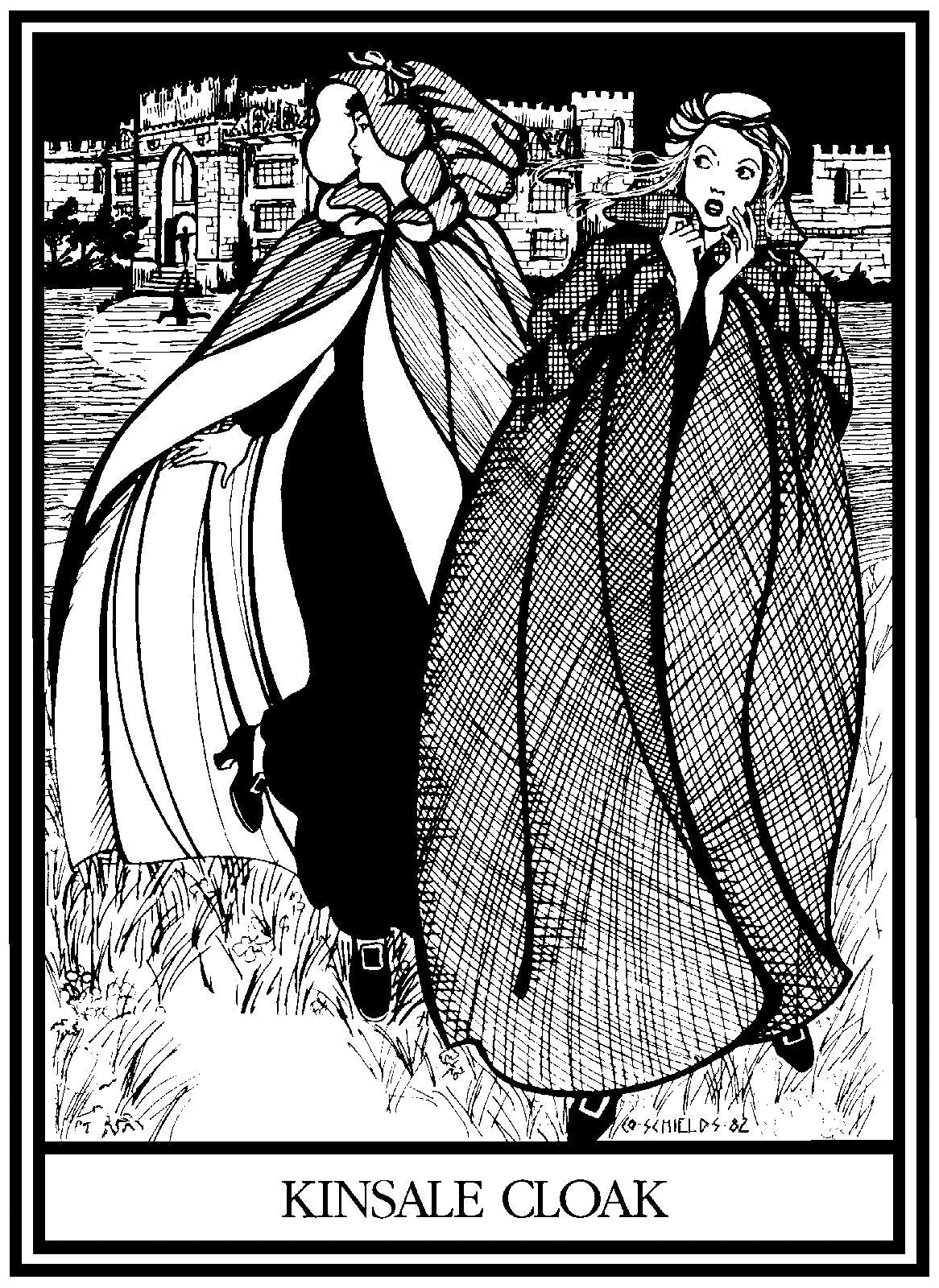 Black and white pen and ink drawing of two women running away scared from a castle wearing 207 Kinsale Cloak.