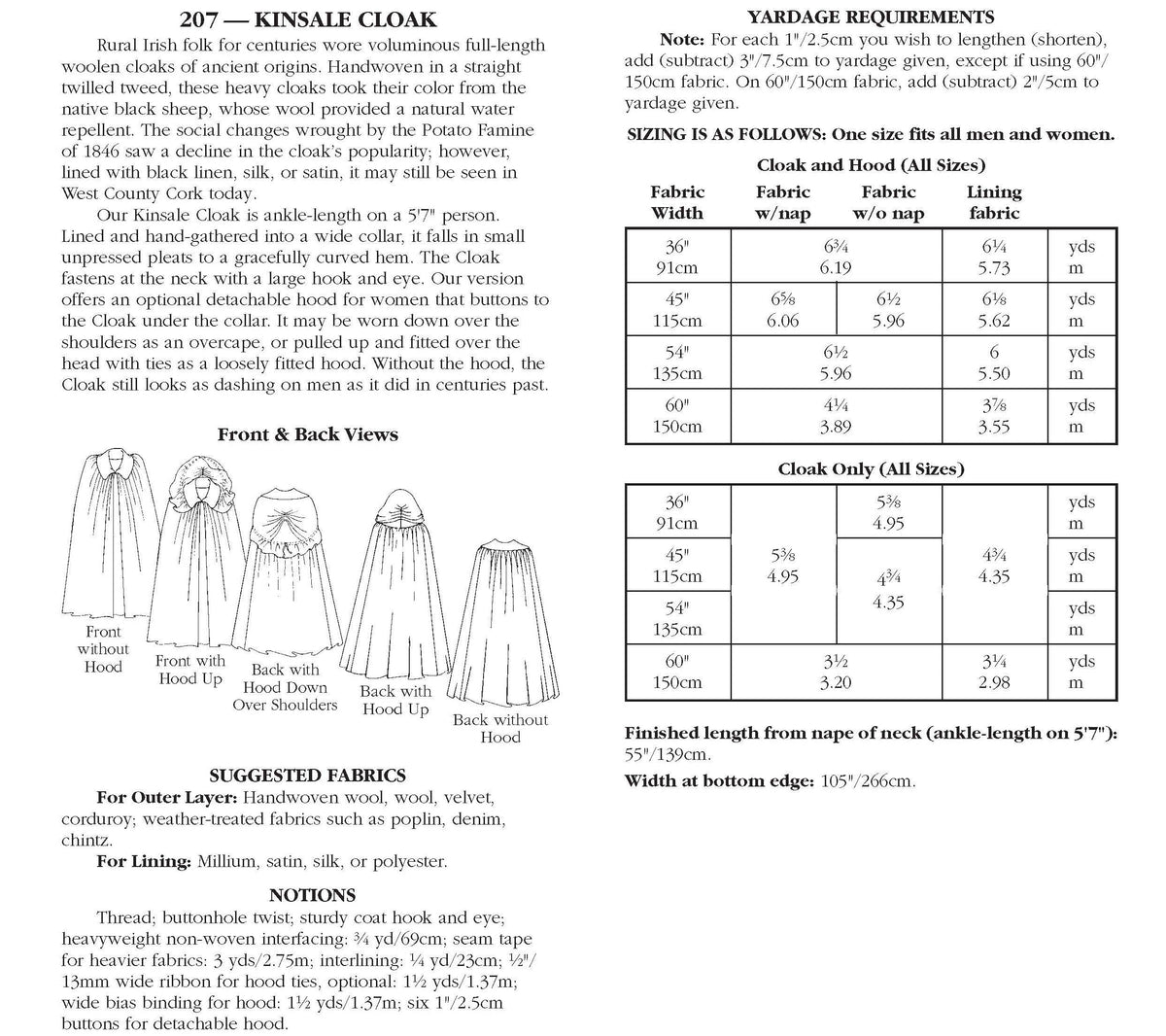 Photo of back cover showing yardage charts and size chart.  Fabric suggestions are included.